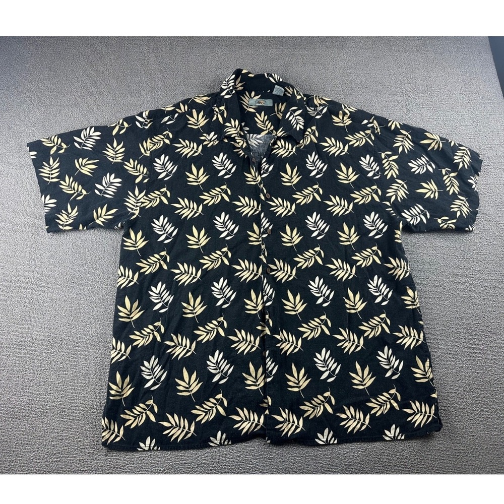 Foliage Casual Button-Down Shirt Men XXL Black Floral Linen Blend Tropical Aloha